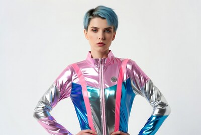 Woman with blue hair in shiny jacket