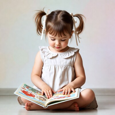 Toddler girl reading picture book