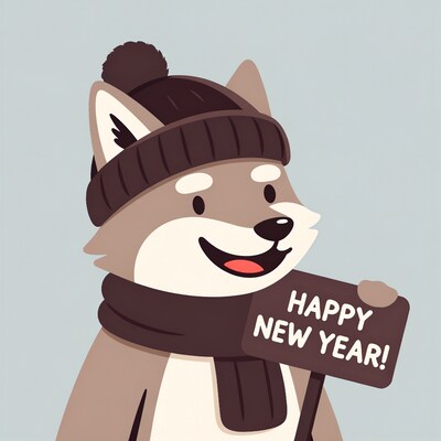 Shiba Inu holding Happy New Year sign