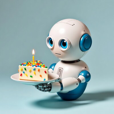 Robot holding birthday cake