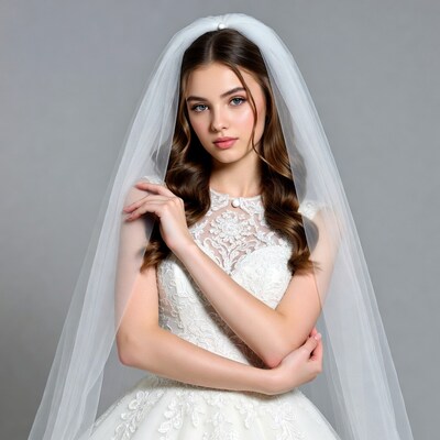 Bride in lace wedding dress with veil
