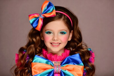 Girl in colorful bow 80s costume