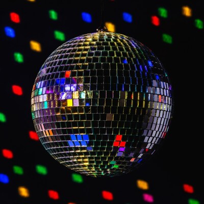 Disco Ball Hanging with Colored Lights