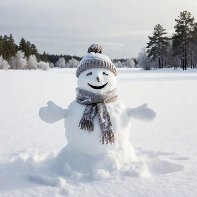 Snowman with hat and scarf in snowy landscape