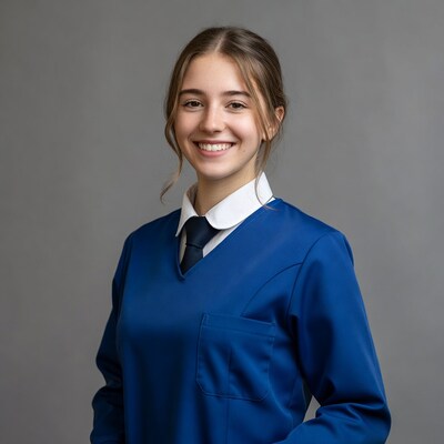 Teen girl smiling in blue school uniform
