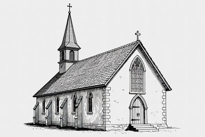 Line drawing of church with steeple