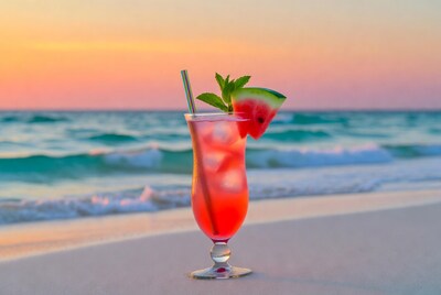 Watermelon cocktail on beach sunset