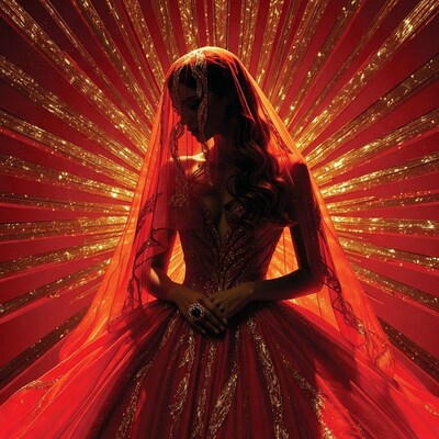 Woman in red gown with veil