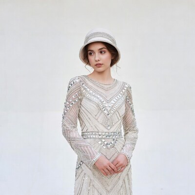 Woman in beaded flapper dress and hat