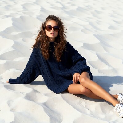 Woman in oversized sweater on beach sand