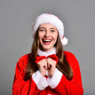 Young woman in Santa suit smiling