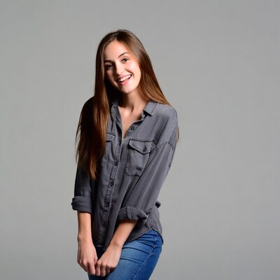 Smiling young woman in gray shirt