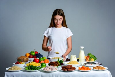 Woman eating cereal at healthy food table