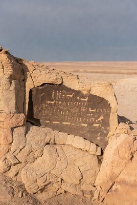 Ancient rock petroglyphs in desert ruins