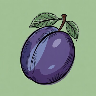 Purple Plum with Leaf Illustration
