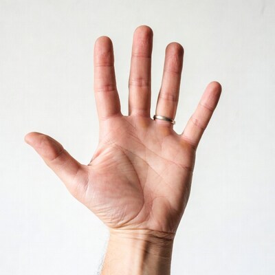 Open male hand with silver ring