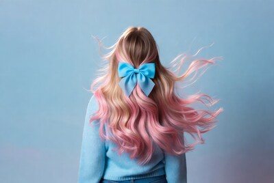 Woman with pink hair and blue bow