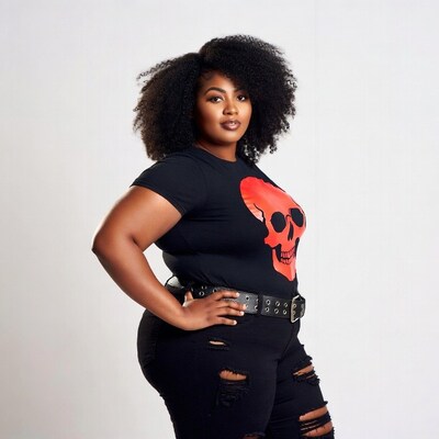 Curvy African-American woman in skull tee