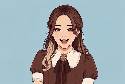 Smiling Asian girl in brown dress illustration