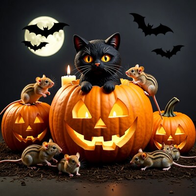 Black Cat and Mice on Jack-o-Lanterns