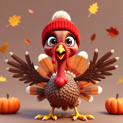 Cute turkey wearing red knit hat