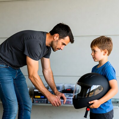 Father helping boy with motorcycle helmet