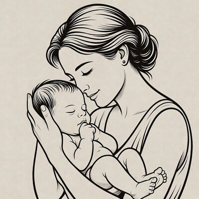Mother holding newborn baby illustration