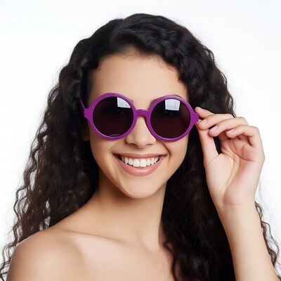 Woman smiling holding purple sunglasses