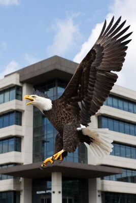 Bald eagle flying near office building