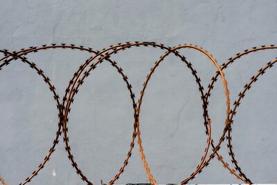Rusty barbed wire on gray wall