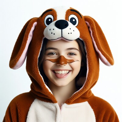 Girl in brown dog onesie costume