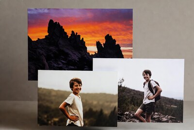 Boy hiking and rock sunset prints