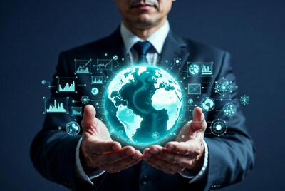 Businessman holding digital globe
