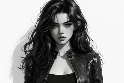 Asian woman in leather jacket