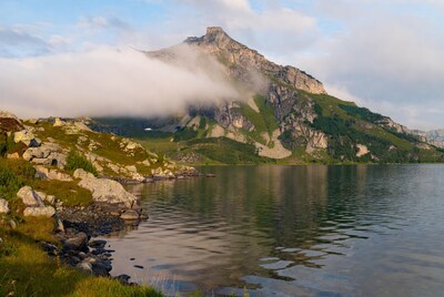 Mountain Lake with Clouds and Rocks
