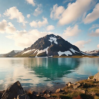 Snowy mountain reflecting in turquoise lake
