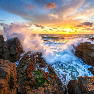 Ocean Waves Crashing on Rocks at Sunset