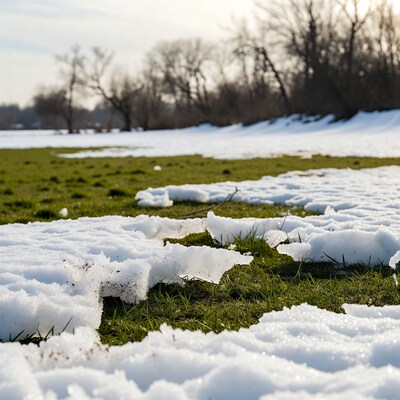 Snow patches on green grass field