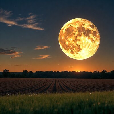 Golden full moon over plowed field