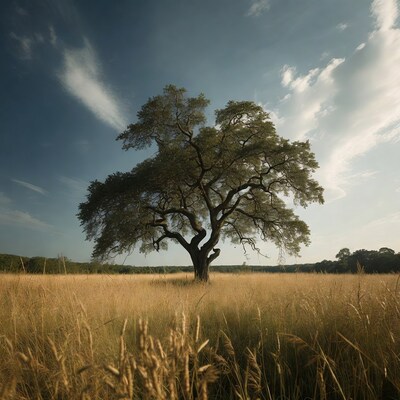 Large oak tree in golden grassland