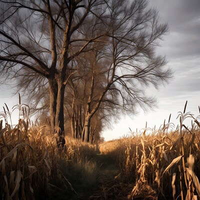 Bare Trees Path in Corn Field