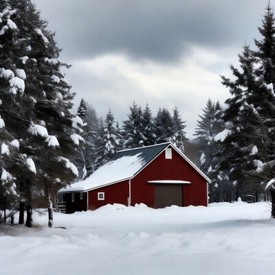 Red Barn in Snowy Forest