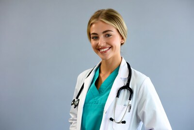 Smiling blonde female doctor with stethoscope