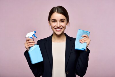 Woman holding spray bottle and cloth