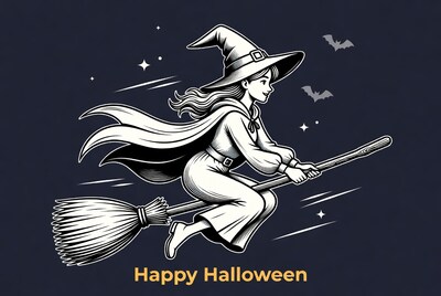 Witch Flying on Broomstick Happy Halloween