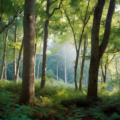 Sunlit Forest with Tall Trees and Ferns
