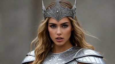 Blonde woman in silver crown and armor