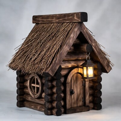 Wooden log cabin with thatched roof