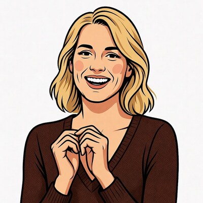 Blonde woman smiling with hands clasped
