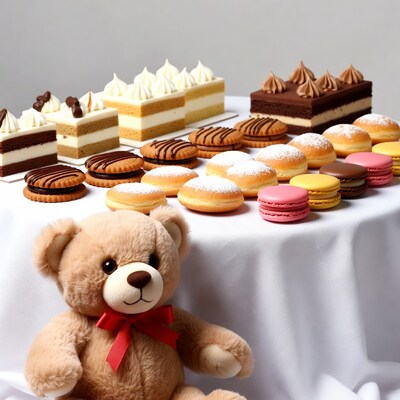 Teddy bear with pastries and cakes